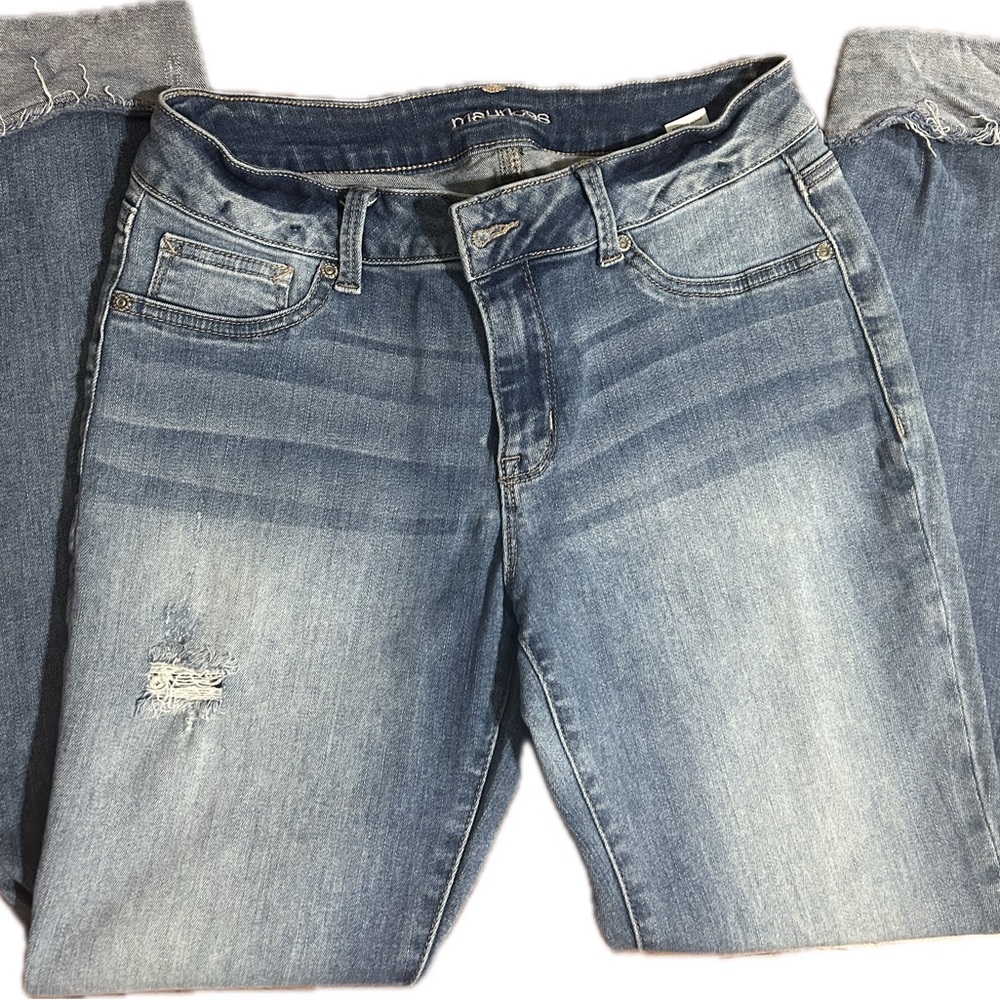 Woman's MED Light Blue Straight Leg Jeans with hem cuff high waisted distressed